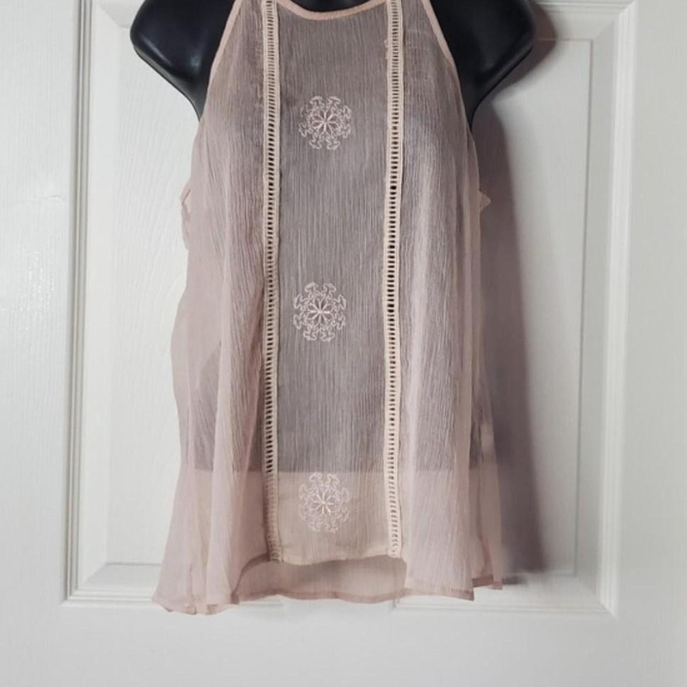 Allie Rose sheer pink halter top white floral embroidery vertical lace trim Y2K - Picture 1 of 7